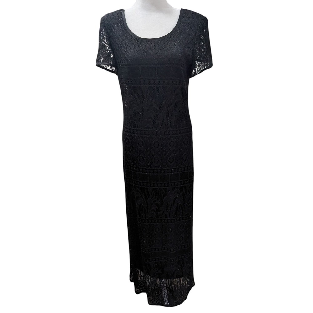 Vtg Jessica Howard Crochet Lace Overlay Maxi‎ Dress 10 Black Sparkle Lined Gown